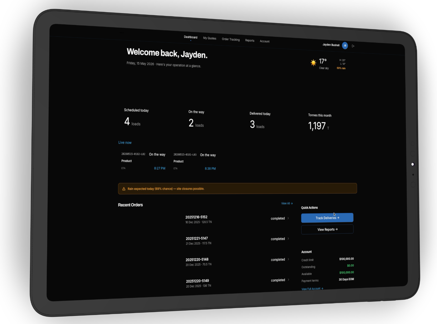 NXT Control dashboard on tablet showing live project status for a site team