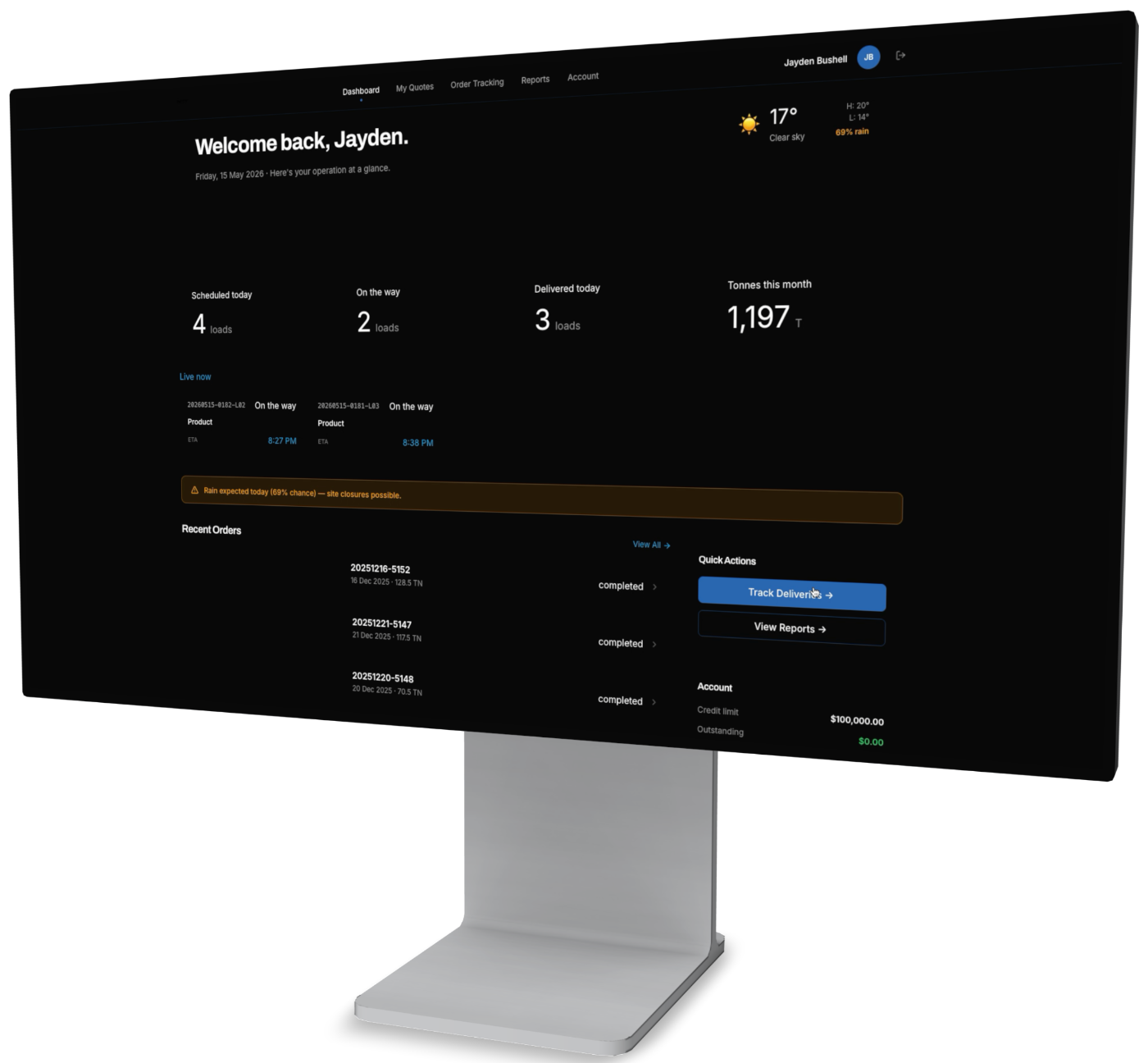 NXT Control desktop dashboard showing scheduled, on-the-way and delivered loads, tonnes this month, live deliveries, a weather warning and recent orders