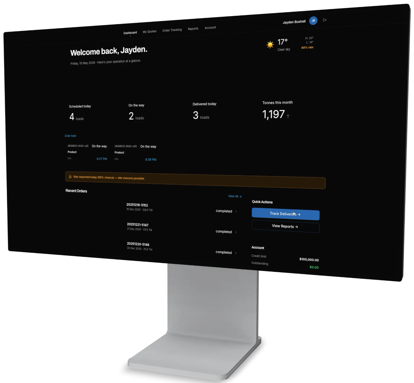 NXT Control desktop dashboard showing scheduled, on-the-way and delivered loads, tonnes this month, live deliveries, a weather warning and recent orders