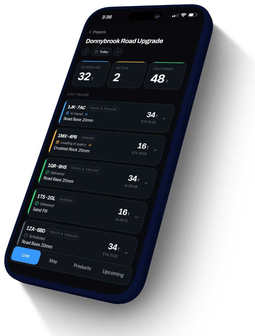 NXT Control live trucks screen listing each registration, status, material and tonnes with live ETAs