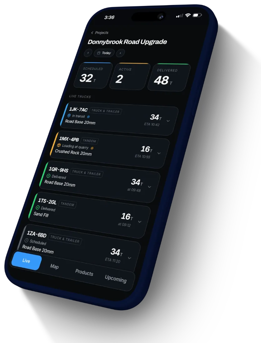 NXT Control live trucks screen listing each registration, status, material and tonnes with live ETAs