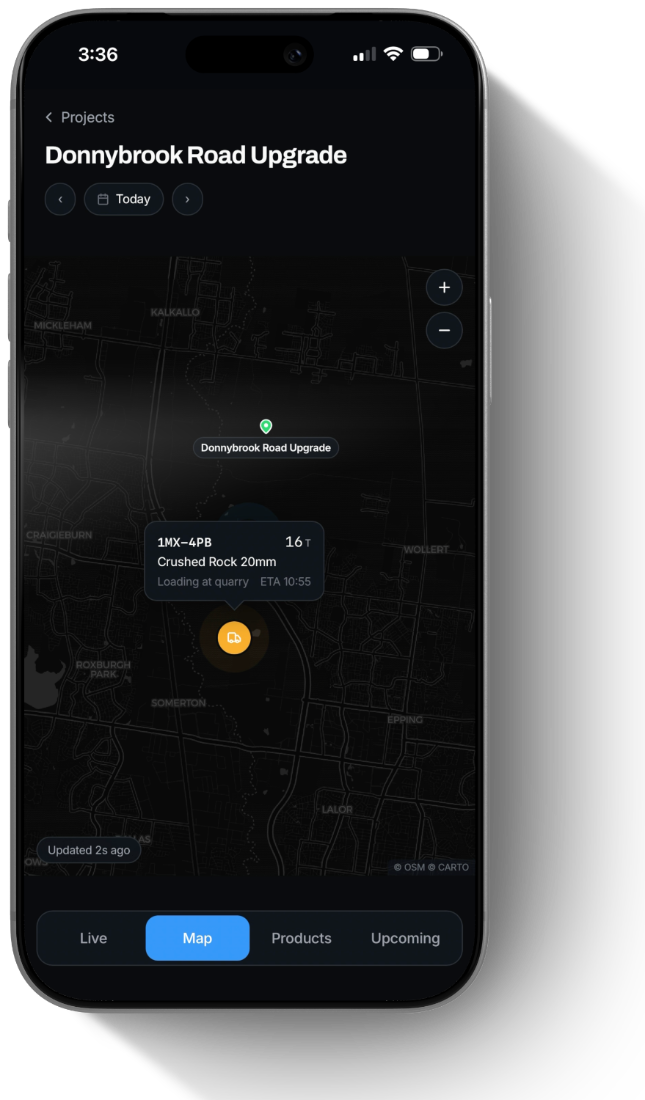 NXT Control live map view showing a GPS-tracked truck approaching the Donnybrook Road Upgrade site with load and ETA