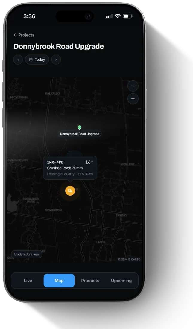 NXT Control live map showing a GPS-tracked truck approaching site with load and ETA