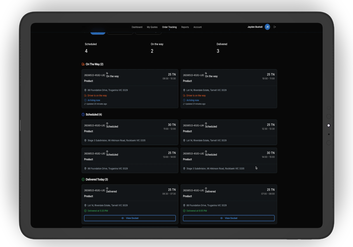 NXT Control order tracking showing loads grouped by on the way, scheduled and delivered, each with site address, time window and a view docket button