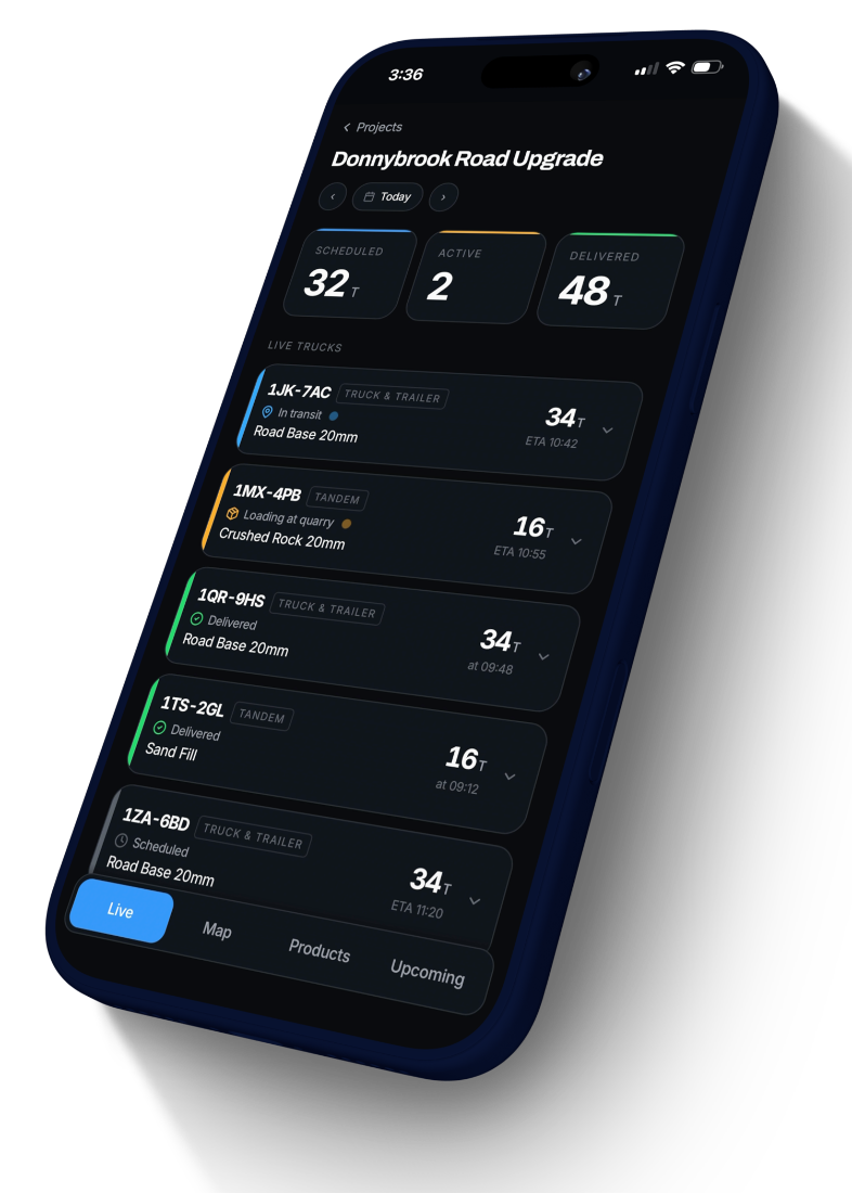 NXT Control app showing live truck tracking for the Donnybrook Road Upgrade project, registration, status, material and tonnes for each delivery